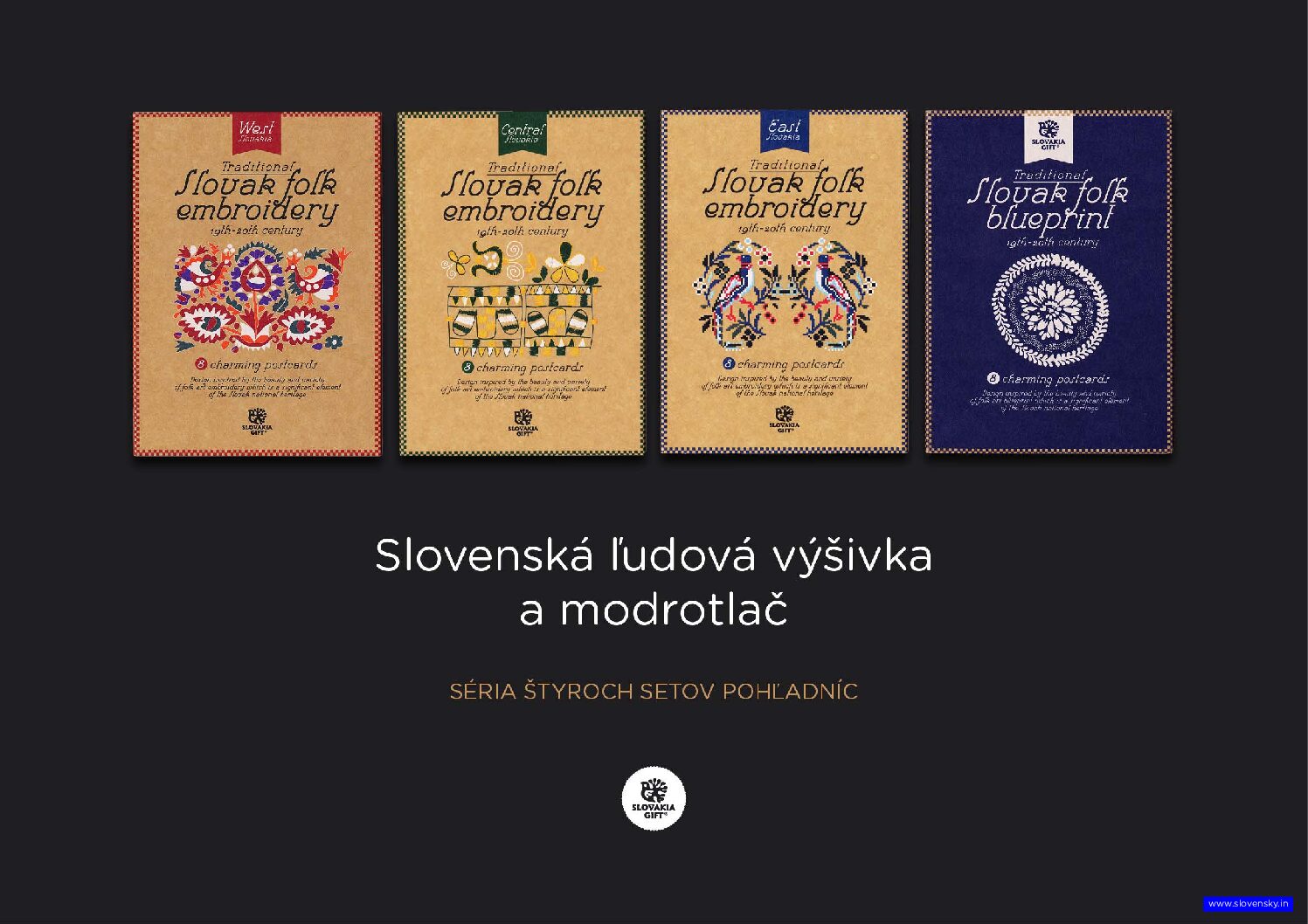 Séria štyroch setov pohľadníc SlovakiaGift /Slovenská ľudová výšivka a modrotlač/