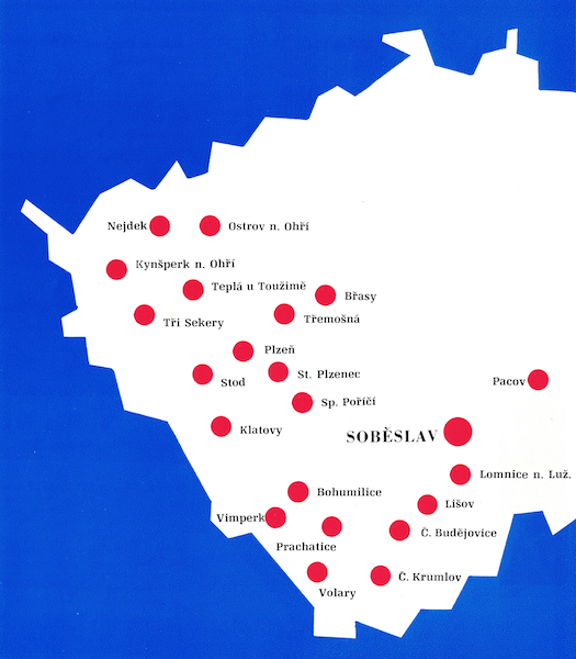 Mapa závodů a provozů n. p. Jitona Soběslav v roce 1976. Repro: Výroční brožura 25 let Jitona Soběslav.