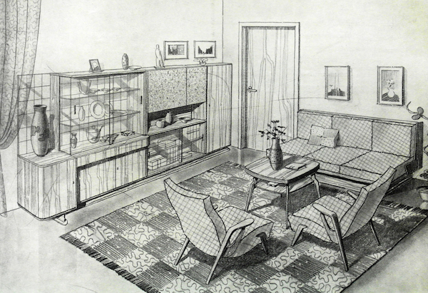 Bohumil Landsman: Příborník typu 1801, konferenční stolek typu 1805, křeslo typu 1805, gauč typu 1801, kolem 1960. Repro: katalog Lišovský výběrový nábytek.