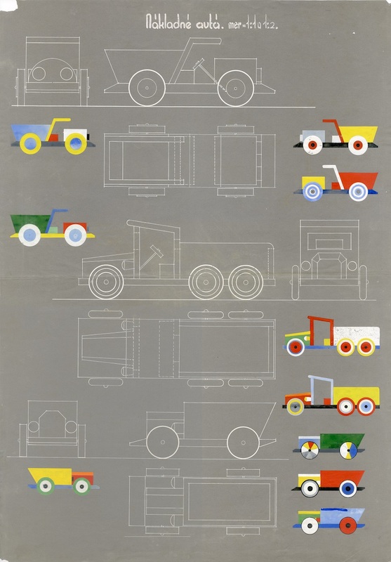 Martin Brezina, Nákladné autá - hračky, Kresebné kolorované návrhy v mierke 1:10 a 1:2, 1931, SMD