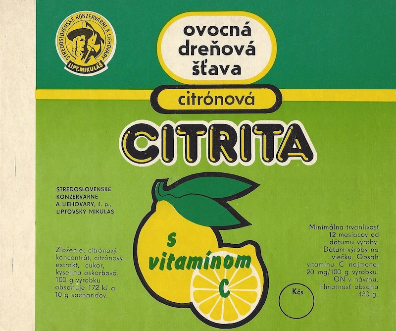 Citrita, papierová etiketa na ovocnú šťavu. Realizované pre Stredoslovenské konzervárne a liehovary, š.p. Liptovský Mikuláš, osemdesiate roky 20. storočia