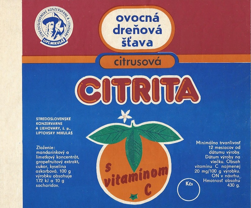 Citrita, papierová etiketa na ovocnú šťavu. Realizované pre Stredoslovenské konzervárne a liehovary, š.p. Liptovský Mikuláš, osemdesiate roky 20. storočia
