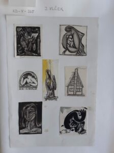 Voľné umenie; Drobné skice čítajúcej ženy, madony s dieťaťom, Ex libris, ženy so sviečkou, prednej časti domu, abstraktného portrétu ženy a opice s fľašou