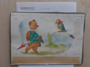 Ilustrácia; Leporelo - medveď a vták sediaci na kvete