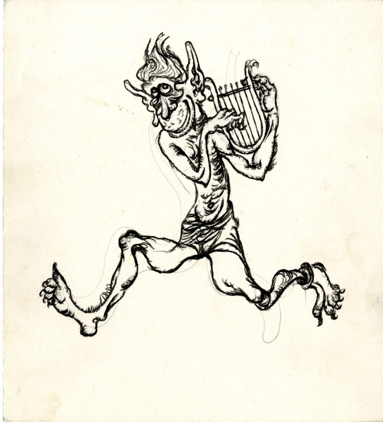 Karikatúra - škriatok s harfou