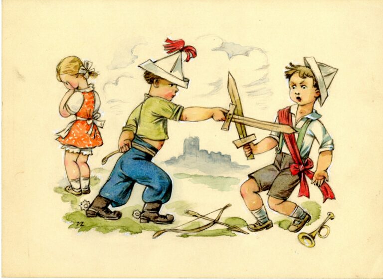 Ilustrácia; Ilustrácia bojujúci chlapci a plačúce dievča - socialistický realizmus