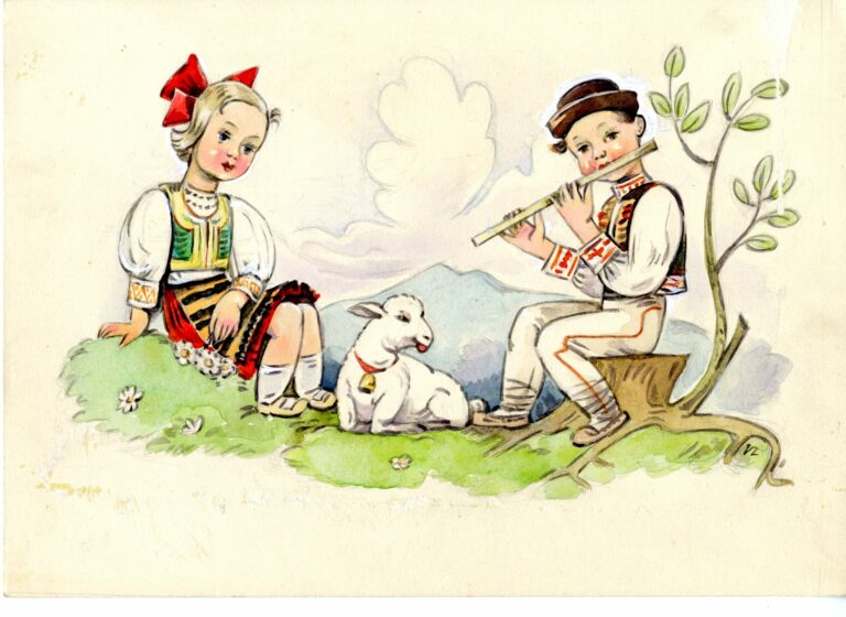 Ilustrácia; Ilustrácia chlapec hrajúci na fujaru a dievča s baránkom - socialistický realizmus