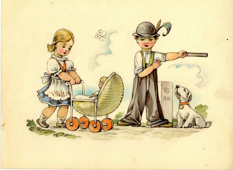Ilustrácia; Ilustrácia chlapec ukazujúci cestu dievčaťu s kočíkom - socialistický realizmus