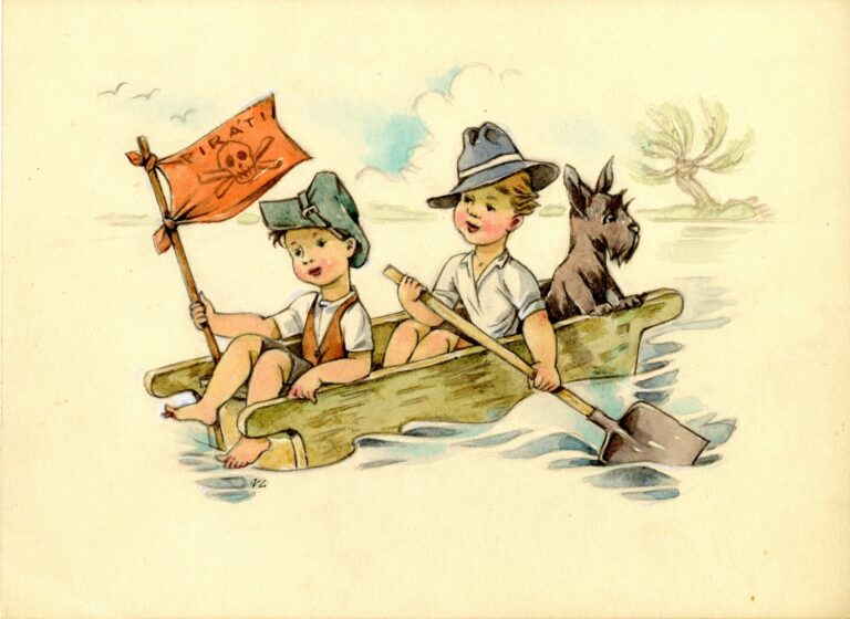 Ilustrácia; Ilustrácia dvaja chlapci a pes na lodi - socialistický realizmus