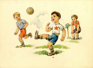 Ilustrácia; Ilustrácia chlapci hrajúci futbal - socialistický realizmus