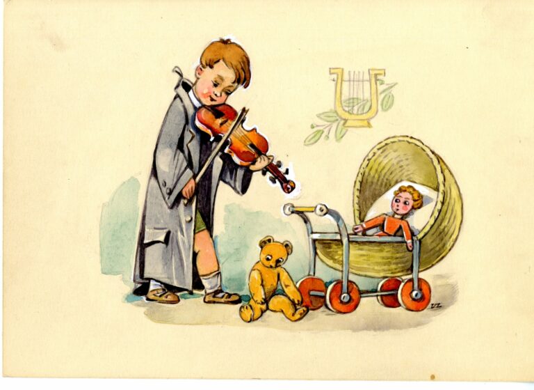 Ilustrácia; Ilustrácia chlapec hrajúci na husle s bábikou v kočíku a plyšovým medveďom - socialistický realizmus