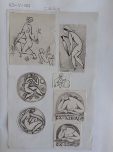 Voľné umenie; Drobné skice štylizovanej matky s dieťaťom, ženy s dlhou nádobou, dvoch ženských aktov v torze, dieťaťa s loptou a dvoch čítajúcich žien Ex Libris