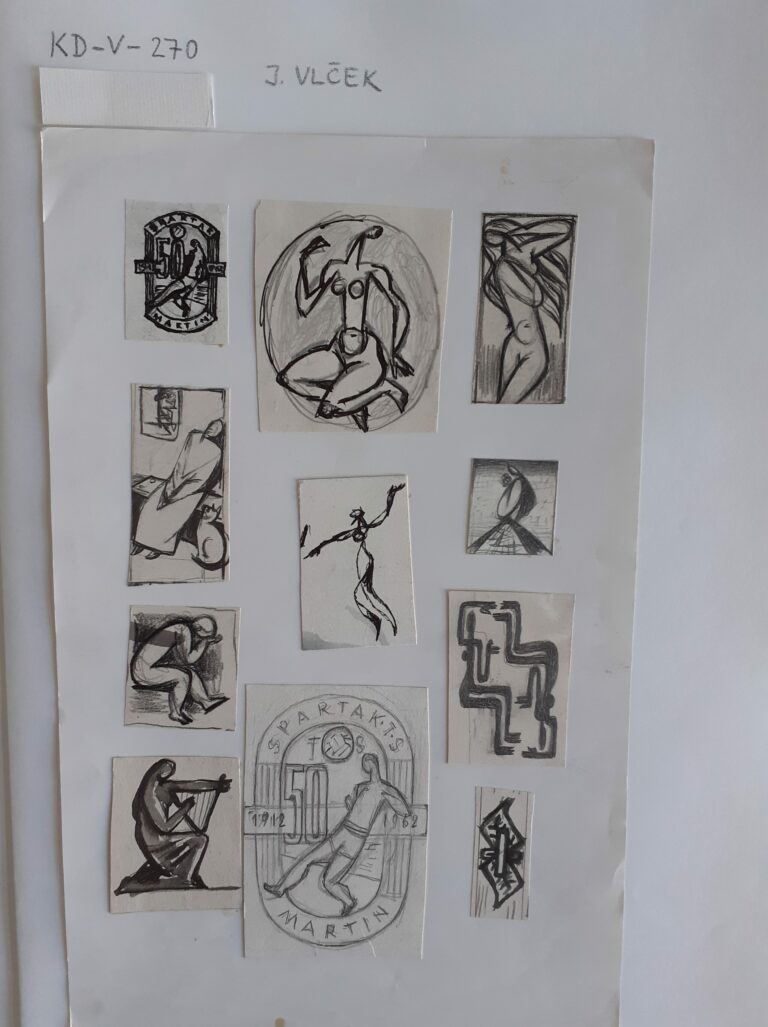 Voľné umenie; Drobné skice štylizovaných figúr, ženských aktov a návrhy na známku Spartakus Martin, spolu 11 kusov nalepených na papieri