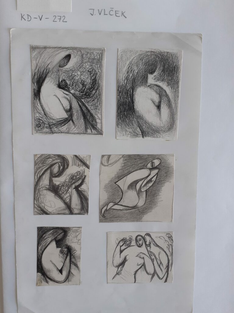 Voľné umenie; Skice ženy s hroznom v ruke, spolu 6 kusov nalepených na papieri