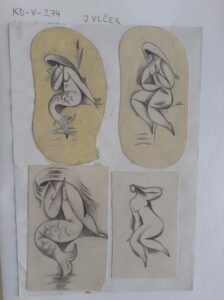 Voľné umenie; Skice morských panien a sediacej ženy, spolu 4 kusy nalepené na papieri