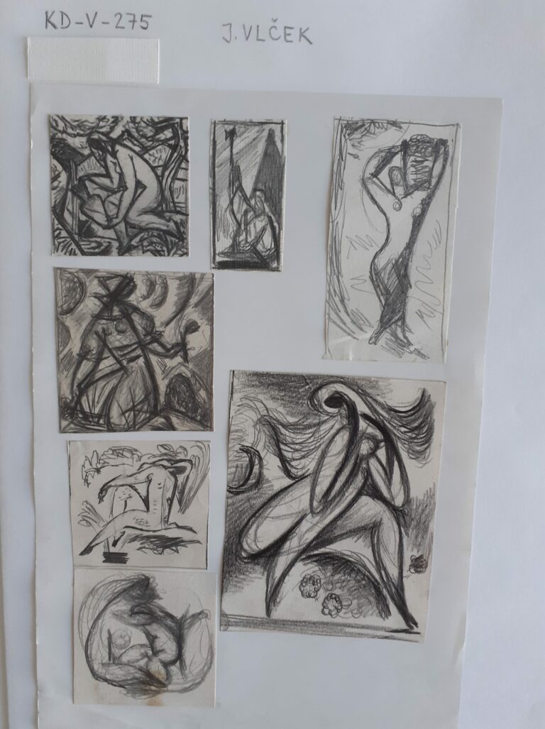 Voľné umenie; Skice ženských postáv, spolu 7 kusov nalepených na papieri