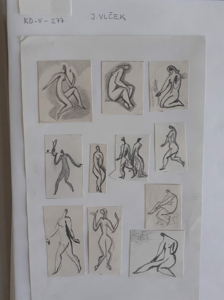 Voľné umenie; Drobné skice ženských figúr, spolu 11 kusov nalepených na papieri