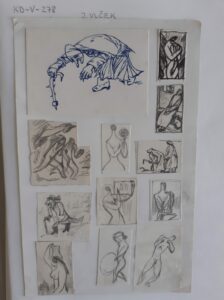 Voľné umenie; Skice stareny, vyhnanie z raja, štúdie ľudskch figúr, spolu 12 kusov nalepených na papieri