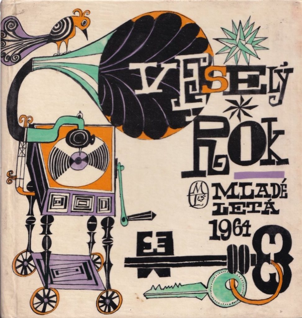 Obálka a typografická ilustrácia ku knihe Veselý rok (Mladé letá 1964). Na výtvarnej podobe knihy sa okrem Miroslava Cipára spolupodieľalo 11 výtvarníkov. Foto: archív autora