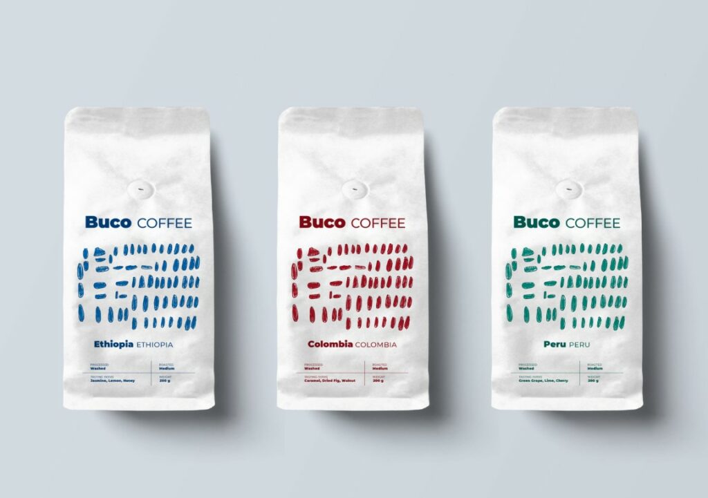 Buco Coffee. Obalový dizajn pre imaginárnu značku kávy, 2019.