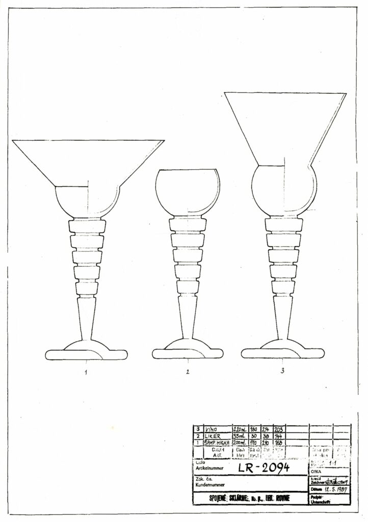 Poháre na víno, likér, šampanské LR 2094, 1987. Archív RONA, a.s., Lednické Rovne.