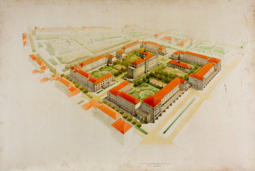 Návrh nového socialistického mesta na Slovensku – Nová Dubnica, perspektíva bytového súboru A1, 1952. Múzeum mesta Brna