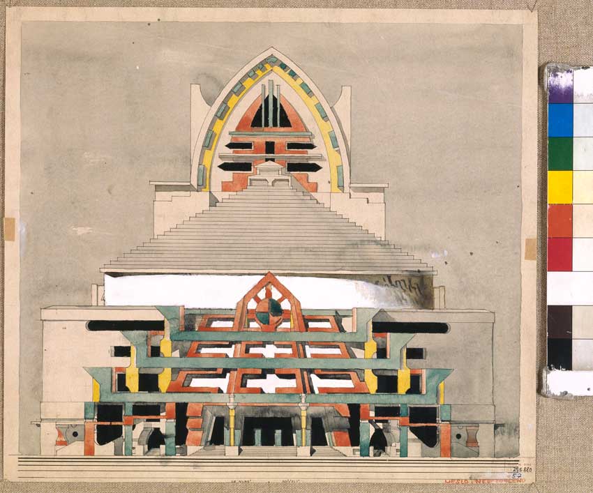 Súťažný návrh na Hanácké divadlo v Olomouci, 1920, vstupné priečelie. Múzeum mesta Brna