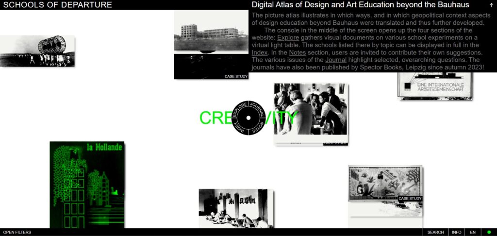 Úvodná stránka projektu Schools of Departure. Digital Atlas of Design and Art Education beyond the Bauhaus.
